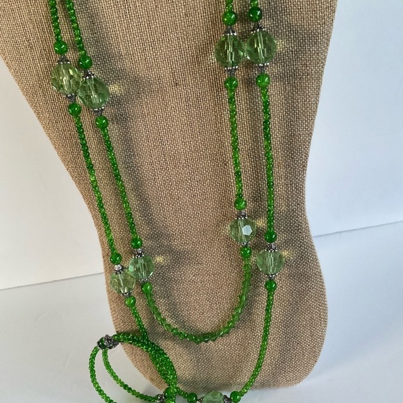 Hand Crafted Necklace Wrap Bracelet Drop Earrings Set Lime Green Double Strands - Picture 5 of 9